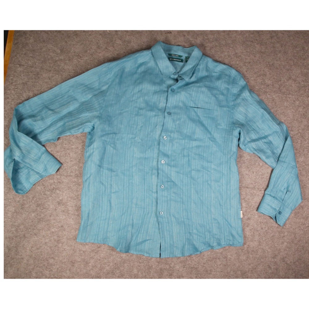 Cubavera Mens Large Teal Blue 100% Linen Long Sleeve Textured Size L